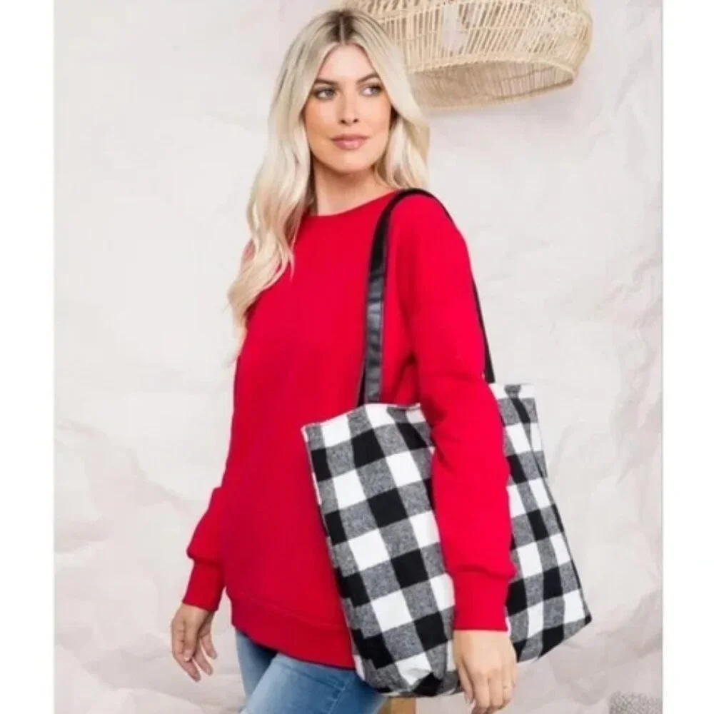 NWT Buffalo White Flannel Leather Plaid Tote Shoulder Travel Shopping Bag Black